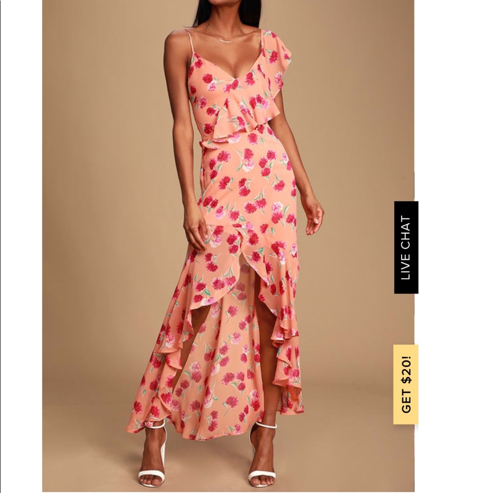 CORAL ORANGE FLORAL PRINT RUFFLED HIGH-LOW DRESS